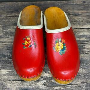 Vintage 1970s Swedish Wooden Leather Clogs Red Floral Decal Wood Sole 6 EUC